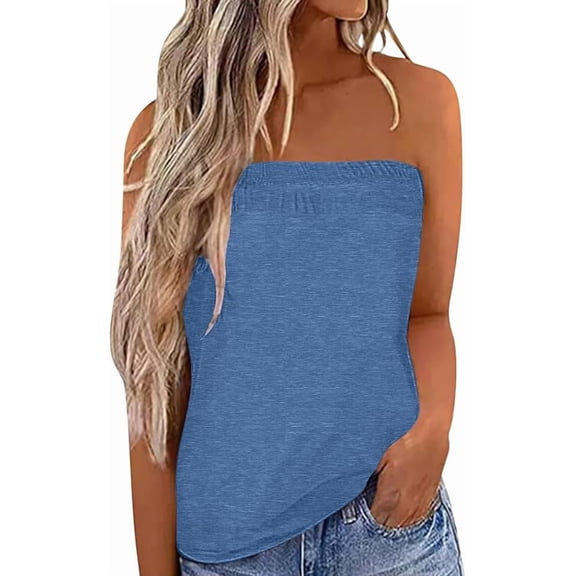 JWD Women's Floral Tube Tops Casual Summer Backless Strapless Top Sleeveless Bandeau Tanks Shirt Dark Blue L
