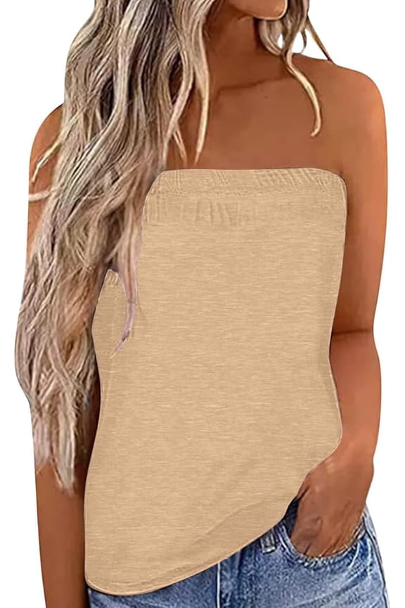 Women's Floral Tube Tops Casual Summer Backless Strapless Top Sleeveless Bandeau Tanks Shirt Khaki XL