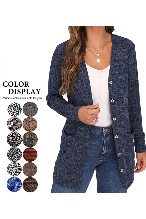 Women's Long Sleeve Open Front Cardigan Button Down Vee Neck Ribbed Knit Lightweight Outerwear with Pocket