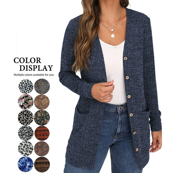JWD Women's Long Sleeve Open Front Cardigan Button Down Vee Neck Ribbed Knit Lightweight Outerwear with Pocket