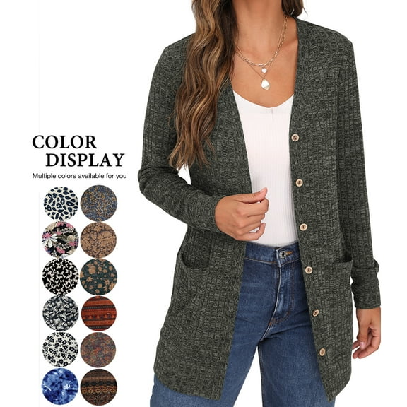 JWD Women's Long Sleeve Open Front Cardigan Button Down Vee Neck Ribbed Knit Lightweight Outerwear with Pocket