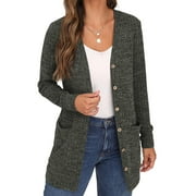 JWD Women's Long Sleeve Open Front Cardigan Button Down Vee Neck Ribbed Knit Lightweight Outerwear with Pocket