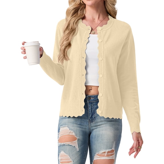JWD Women's Long-Sleeved Crew Neck Scallop Edge Buttoned Cropped Cardigan Knitted Sweater