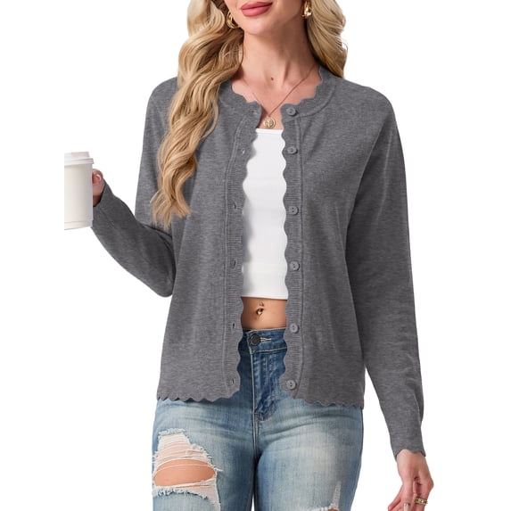 JWD Women's Long-Sleeved Crew Neck Scallop Edge Buttoned Cropped Cardigan Knitted Sweater
