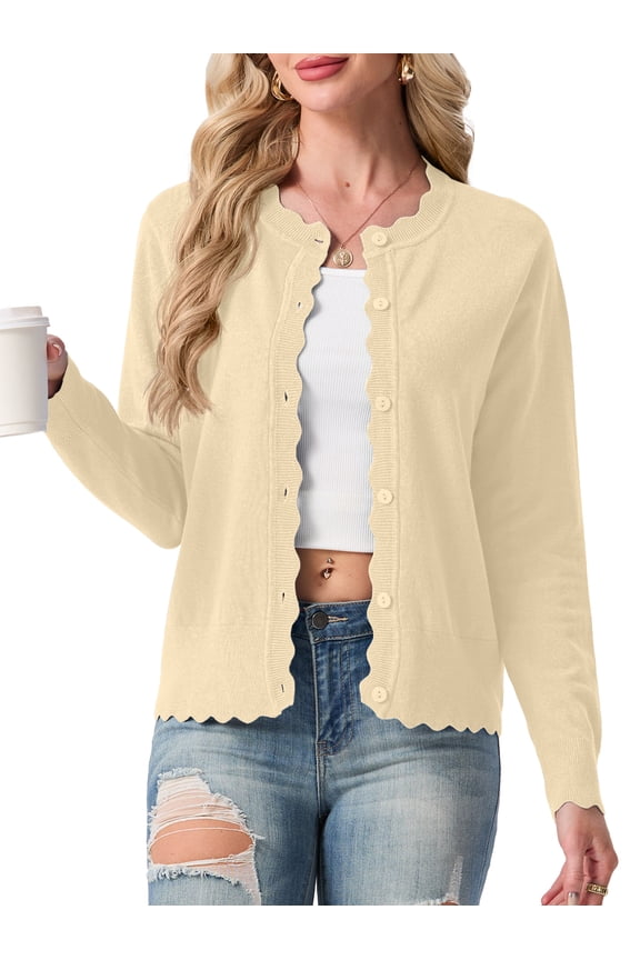 Women's Long-Sleeved Crew Neck Scallop Edge Buttoned Cropped Cardigan Knitted Sweater