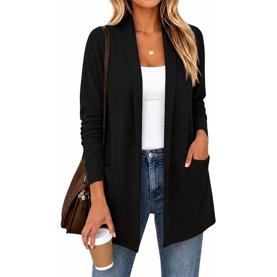 JWD Women's Open Front Cardigan with Pockets Long Sleeve Lightweight Casual Sweater Black S