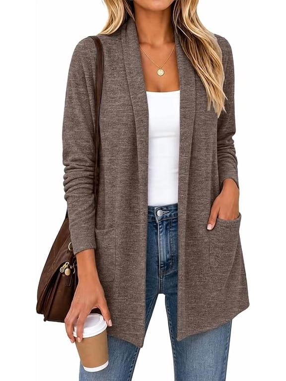 Women's Open Front Cardigan with Pockets Long Sleeve Lightweight Casual Sweater Brown L