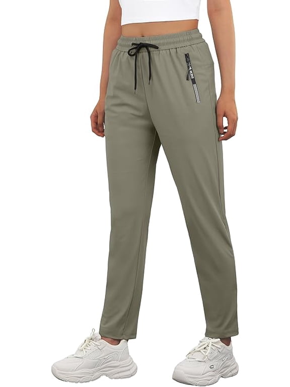 Women's Quick Dry Stretch Athletic Pants Breathable Comfy Hiking Pants with Zipper Pockets Khaki L