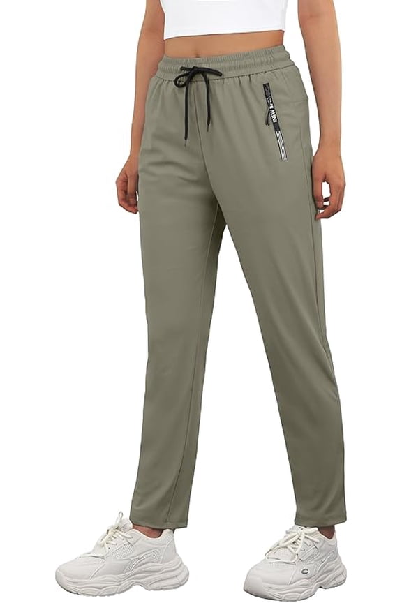 Women's Quick Dry Stretch Athletic Pants Breathable Comfy Hiking Pants with Zipper Pockets Khaki L