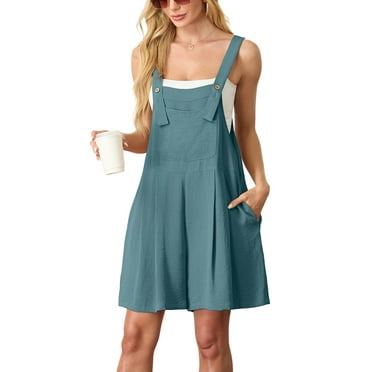 JWD Women's Rompers summer sleeveless short Jumpsuits Button adjustment with pocket Blue Green L