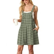 JWD Women's Rompers summer sleeveless short Jumpsuits Button adjustment with pocket Dark Green Pane L