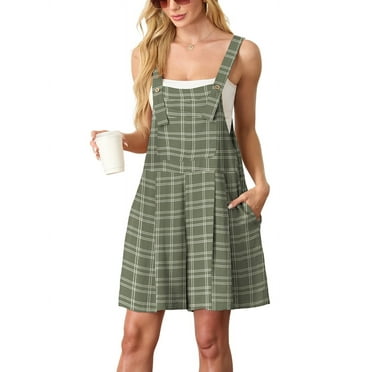JWD Women's Rompers summer sleeveless short Jumpsuits Button adjustment with pocket Dark Green Pane L