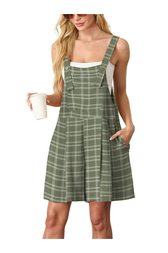 Women's Rompers summer sleeveless short Jumpsuits Button adjustment with pocket Dark Green Pane S