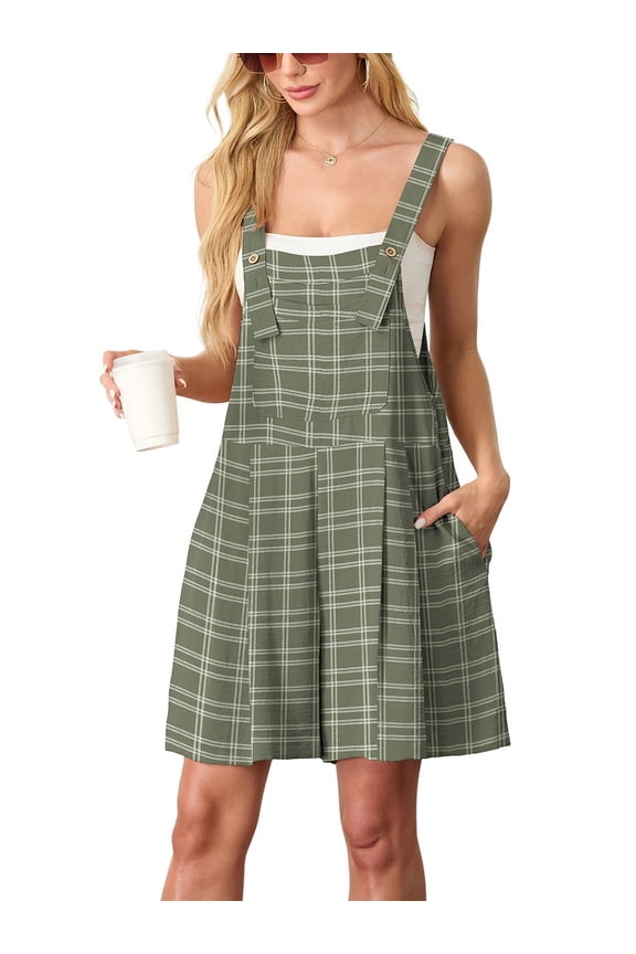Women's Rompers summer sleeveless short Jumpsuits Button adjustment with pocket Dark Green Pane XL