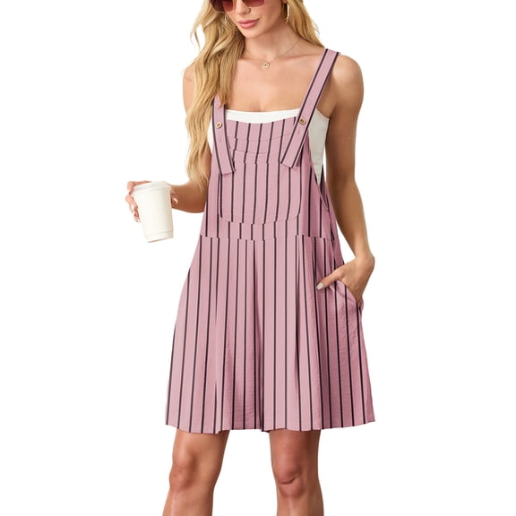 JWD Women's Rompers summer sleeveless short Jumpsuits Button adjustment with pocket Gray Pink Stripe L