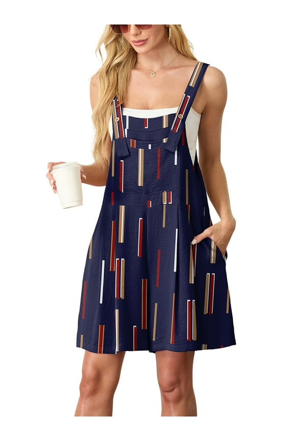Women's Rompers summer sleeveless short Jumpsuits Button adjustment with pocket Navy Blue Stripe L