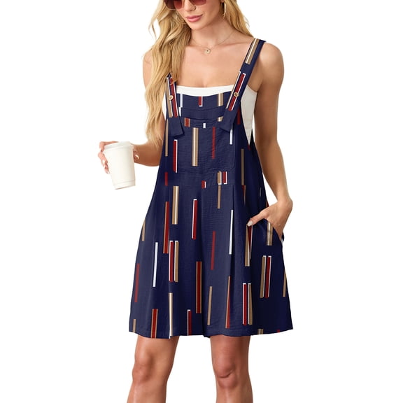 JWD Women's Rompers summer sleeveless short Jumpsuits Button adjustment with pocket Navy Blue Stripe S