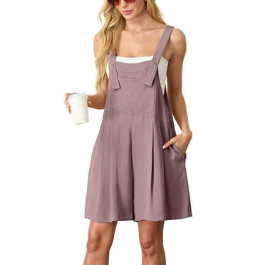 JWD Women's Rompers summer sleeveless short Jumpsuits Button adjustment with pocket Purple Pink L