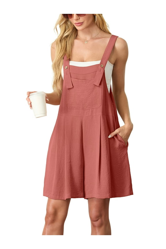 Women's Rompers summer sleeveless short Jumpsuits Button adjustment with pocket Rust Red M