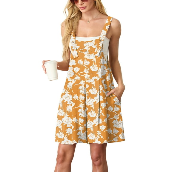 JWD Women's Rompers summer sleeveless short Jumpsuits Button adjustment with pocket Yellow Peony 2XL