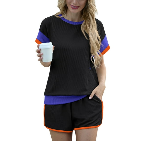 JWD Women's Short Sets 2-Piece Casual Short Sleeved Pullover and Color Blocked Elastic Waistband with Pockets Shorts Ribbed Fabric Summer Set