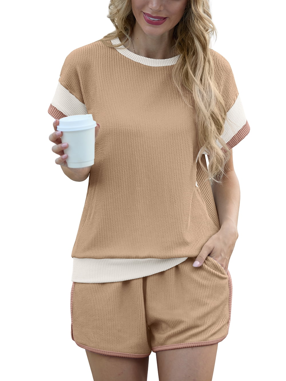 Women's Short Sets 2-Piece Casual Short Sleeved Pullover and Color Blocked Elastic Waistband with Pockets Shorts Ribbed Fabric Summer Set