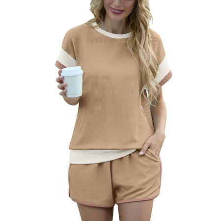JWD Women's Short Sets 2-Piece Casual Short Sleeved Pullover and Color Blocked Elastic Waistband with Pockets Shorts Ribbed Fabric Summer Set