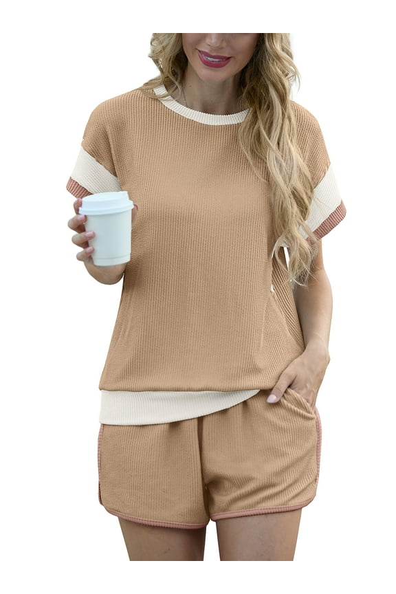 Women's Short Sets 2-Piece Casual Short Sleeved Pullover and Color Blocked Elastic Waistband with Pockets Shorts Ribbed Fabric Summer Set