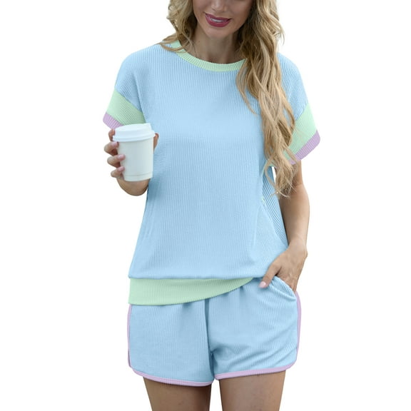 JWD Women's Short Sets 2-Piece Casual Short Sleeved Pullover and Color Blocked Elastic Waistband with Pockets Shorts Ribbed Fabric Summer Set