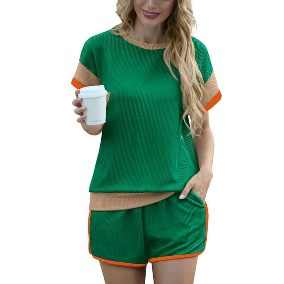 JWD Women's Short Sets 2-Piece Casual Short Sleeved Pullover and Color Blocked Elastic Waistband with Pockets Shorts Ribbed Fabric Summer Set