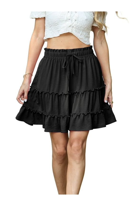 Women's Short Skirt Summer Pleated Elastic Short Skirt Drawstring Mini Skirts Black L