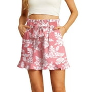 JWD Women's Shorts Butterfly Leaf Frenulum Summer High Waisted Shorts with Pocket Casual Shorts Ruffle Hem Shorts FP-Pink Ice Flower L