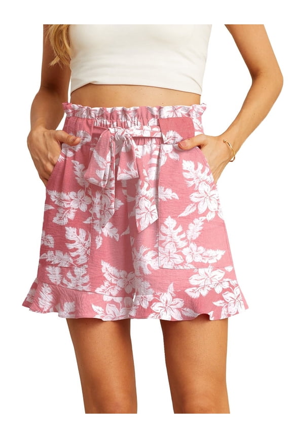 Women's Shorts Butterfly Leaf Frenulum Summer High Waisted Shorts with Pocket Casual Shorts Ruffle Hem Shorts FP-Pink Ice Flower L
