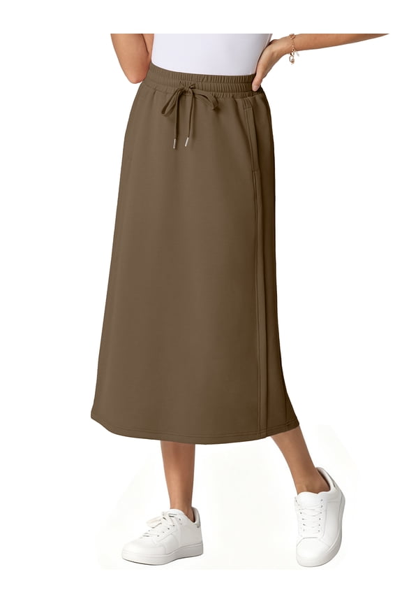 Women's Elastic High Waist Maxi Skirt - Back Slit Flowy Wrap Skirt with Pockets for Casual Work Army Green L