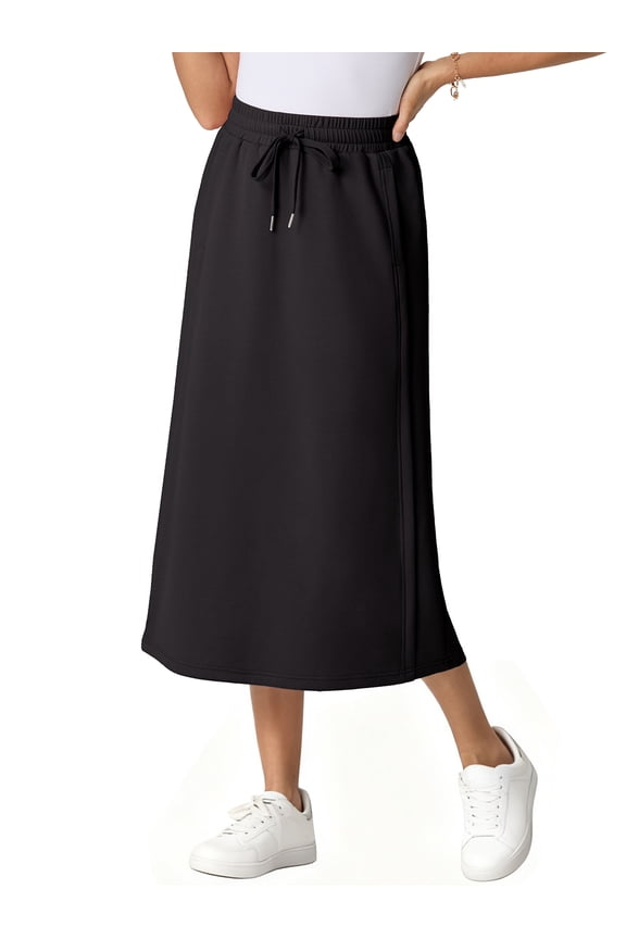 Women's Elastic High Waist Maxi Skirt - Back Slit Flowy Wrap Skirt with Pockets for Casual Work Black L