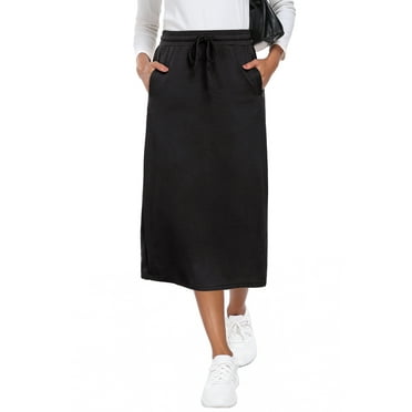 JWD Women's Skirts Elastic Waist Back Slit Wrap Flowy Maxi Skirt With pocket Black L