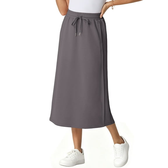 JWD Women's Elastic High Waist Maxi Skirt - Back Slit Flowy Wrap Skirt with Pockets for Casual Work Dark Gray L