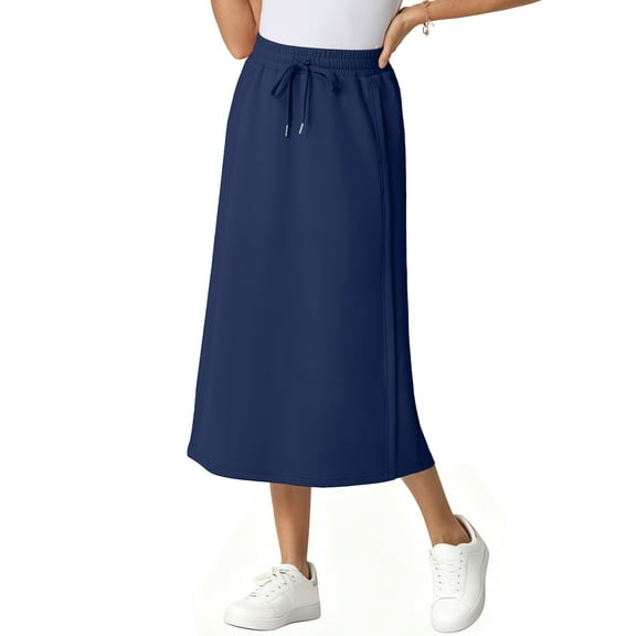 JWD Women's Elastic High Waist Maxi Skirt - Back Slit Flowy Wrap Skirt with Pockets for Casual Work Navy Blue S