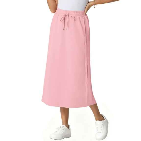JWD Women's Elastic High Waist Maxi Skirt - Back Slit Flowy Wrap Skirt with Pockets for Casual Work Pink L