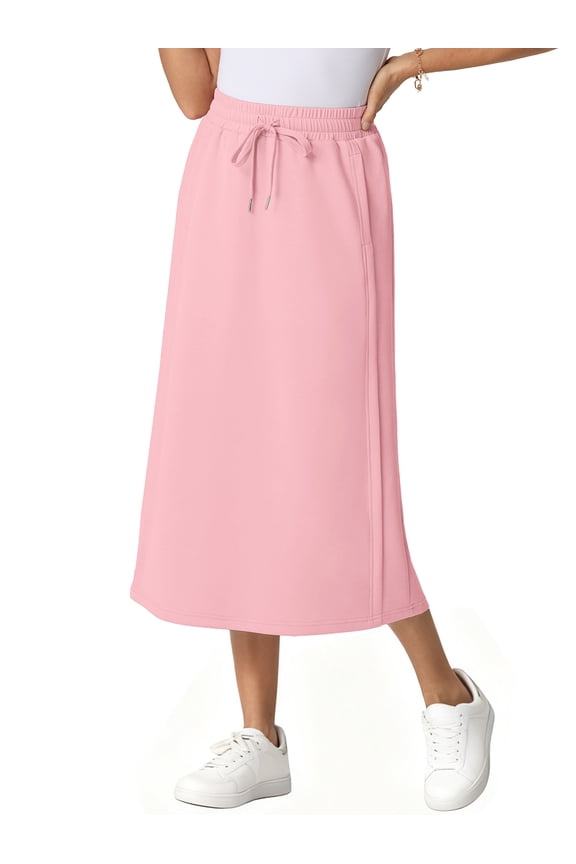 Women's Elastic High Waist Maxi Skirt - Back Slit Flowy Wrap Skirt with Pockets for Casual Work Pink L