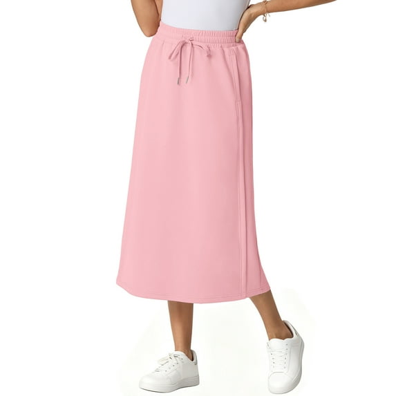 JWD Women's Elastic High Waist Maxi Skirt - Back Slit Flowy Wrap Skirt with Pockets for Casual Work Pink XS