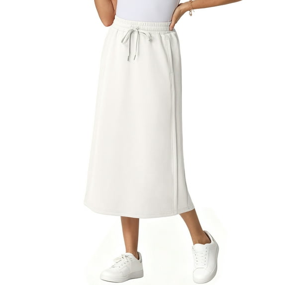 JWD Women's Elastic High Waist Maxi Skirt - Back Slit Flowy Wrap Skirt with Pockets for Casual Work White 2XL