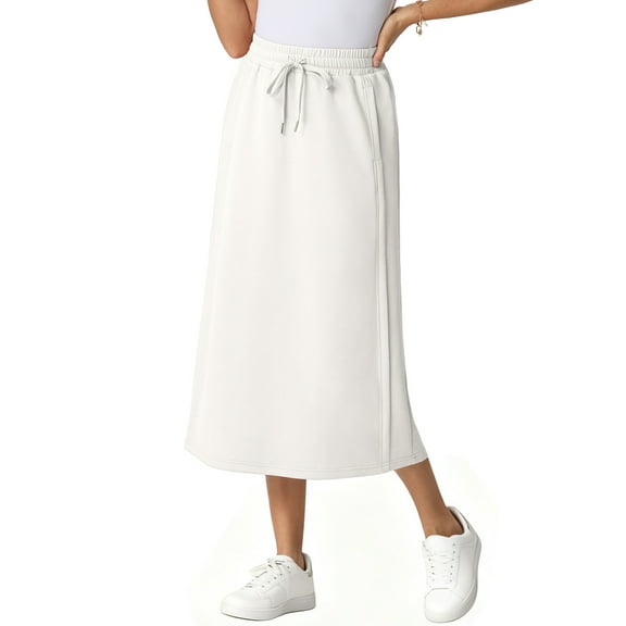 JWD Women's Elastic High Waist Maxi Skirt - Back Slit Flowy Wrap Skirt with Pockets for Casual Work White S
