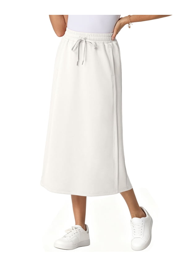 Women's Elastic High Waist Maxi Skirt - Back Slit Flowy Wrap Skirt with Pockets for Casual Work White XS