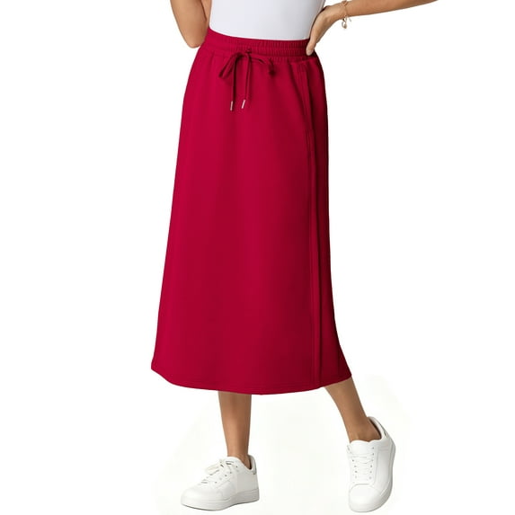 JWD Women's Elastic High Waist Maxi Skirt - Back Slit Flowy Wrap Skirt with Pockets for Casual Work Wine Red S