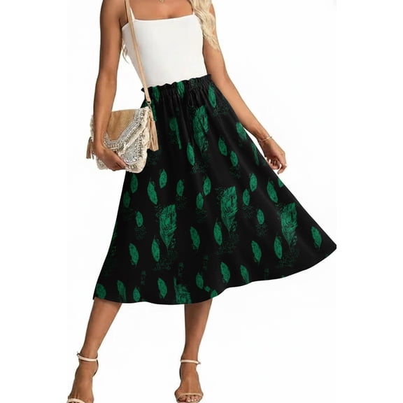 JWD Women's Skirts Flowy Maxi Skirt Summer Long Midi Length Casual Skirt Elegant Cool Dress with Pockets Black Green Leaf XL