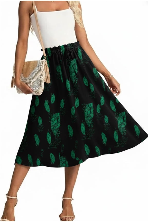 Women's Skirts Flowy Maxi Skirt Summer Long Midi Length Casual Skirt Elegant Cool Dress with Pockets Black Green Leaf XL