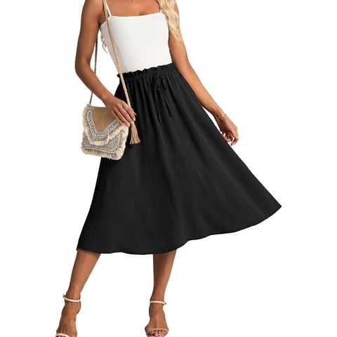 Women's Floral Breathable Lightweight Pleated Maxi Skirt with Pockets, Black, L