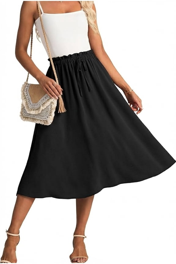 Women's Skirts Flowy Maxi Skirt Summer Long Midi Length Casual Skirt Elegant Cool Dress with Pockets Black L