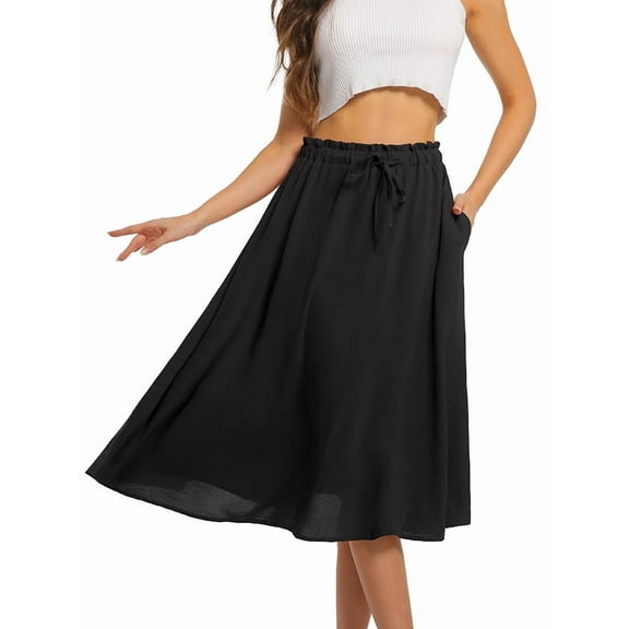 JWD Women's Skirts Flowy Maxi Skirt Summer Long Midi Length Casual Skirt Elegant Cool Dress with Pockets Black L